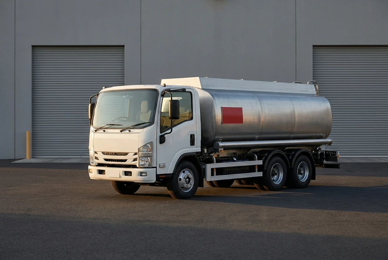 Original illustrative artwork of an unbranded diesel tanker at an industrial site